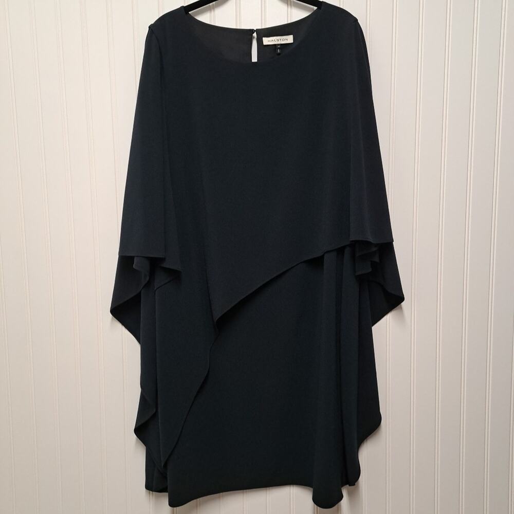 Halston Capelet Sleeve Mini Dress Womens 14 Navy Blue Chiffon Asymmetric Wedding